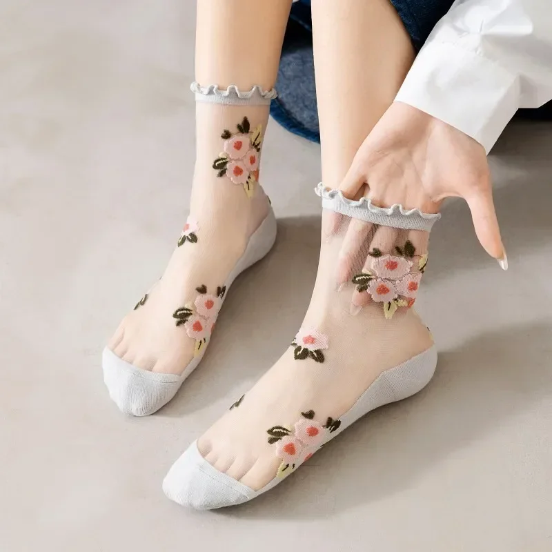 Lolita Kawaii Ruffle Socks Women Ultra-thin Transparent Summer Crystal Silk Socks Floral Embroidery Girls Cute Nylon Long Socks