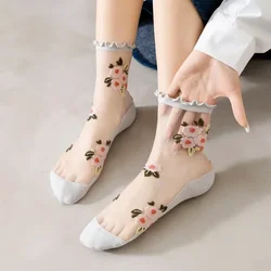 Calzini Lolita Kawaii con volant da donna Calzini estivi ultrasottili trasparenti in seta di cristallo con ricami floreali Calzini lunghi in nylon carini per ragazze