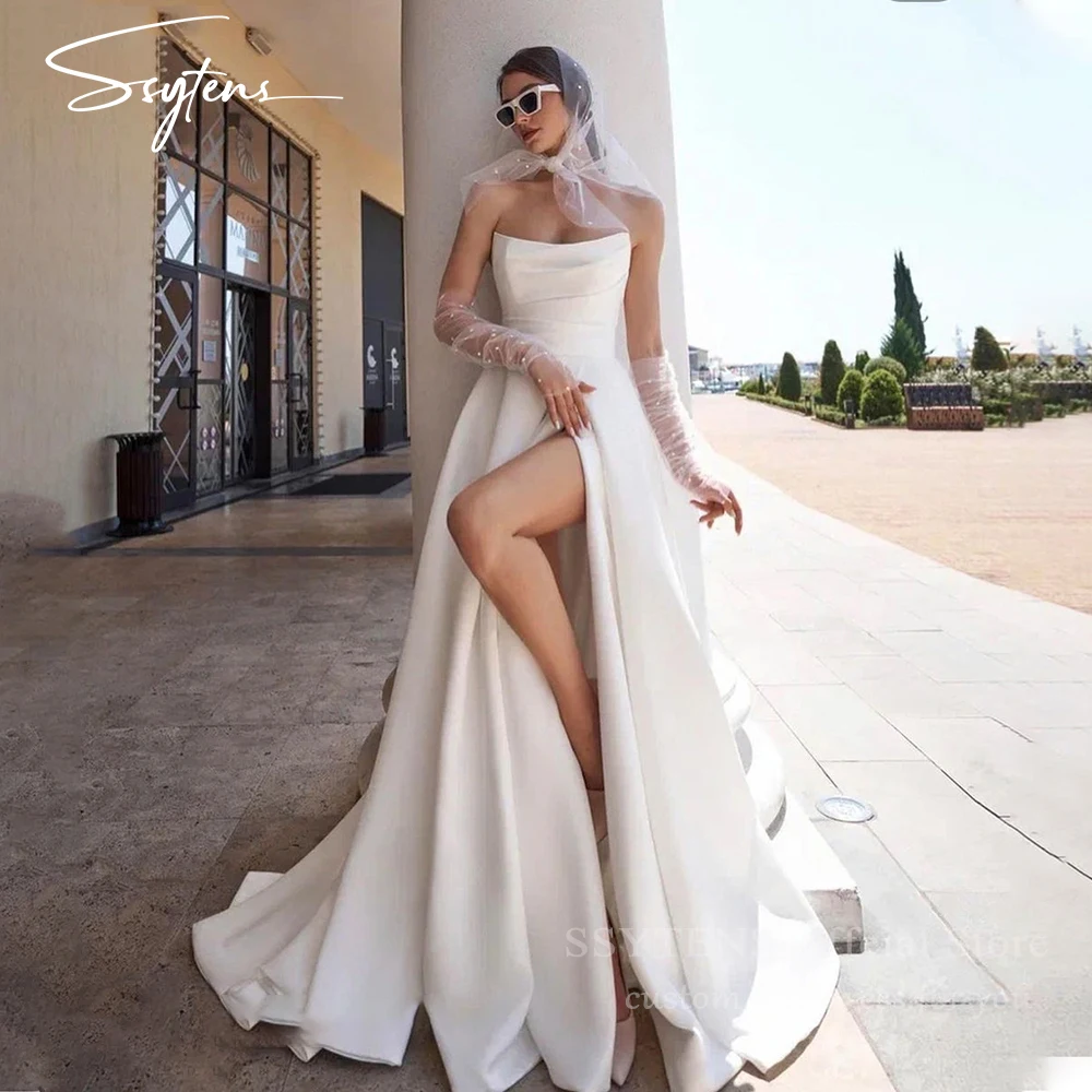 SSYTENS-A Line Vestidos De Noiva Para Mulheres, Vestidos De Noiva Simples Sem Alças, Fenda Lateral Sem Mangas, Vestido De Noiva Longo