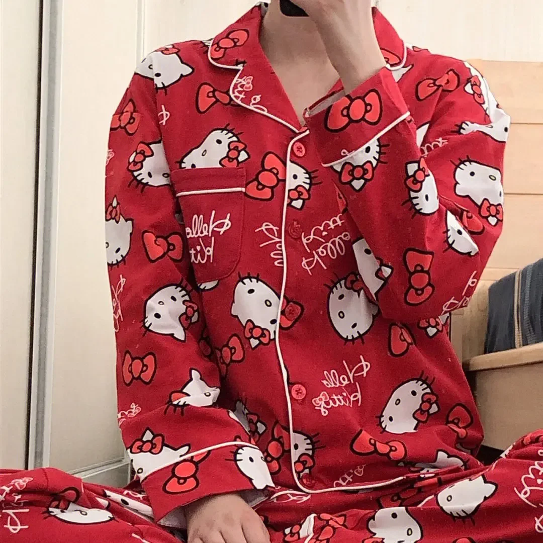 Sanrio Hello Kitty Kuromi Pyjamas Home Clothes Spring Set Women Long Sleeve Top Shirt Pant Pajamas Suit Y2k Cute Sleepwear