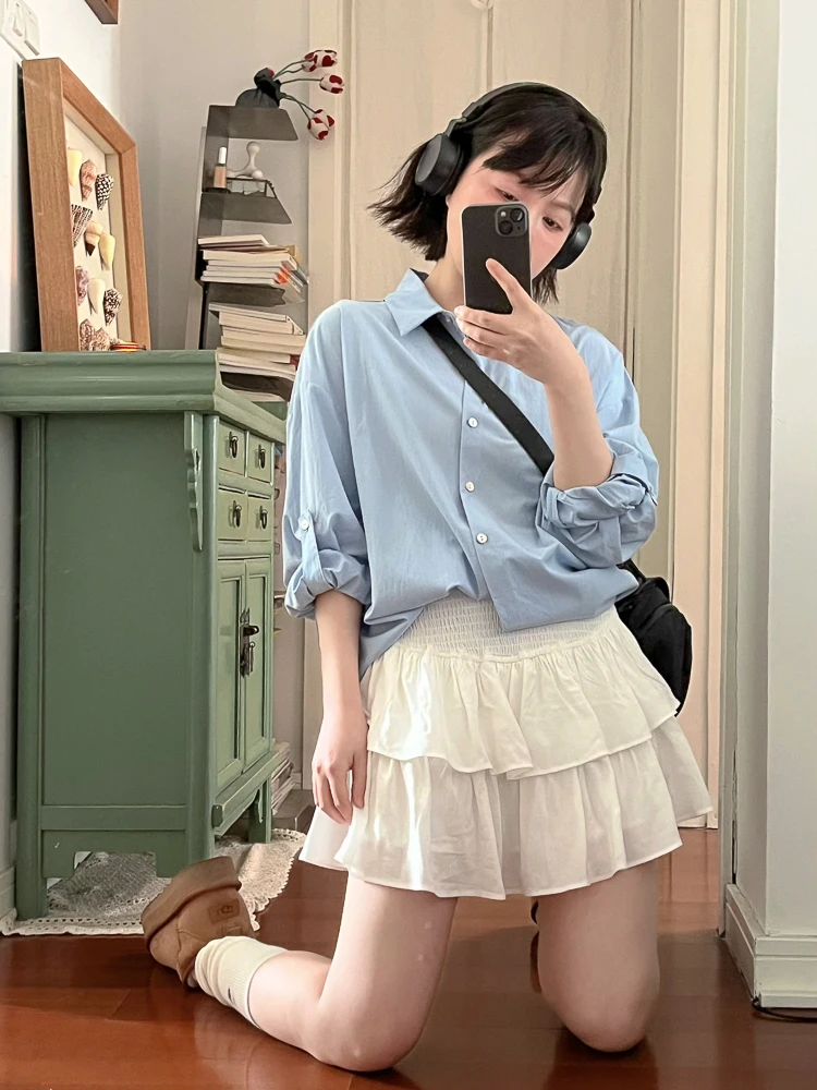 

Двухслойная юбка с рюшами, на резинке, из хлопка, облегающая, скрывающая бедра, женская, милая, с высокой талией, А-силуэт