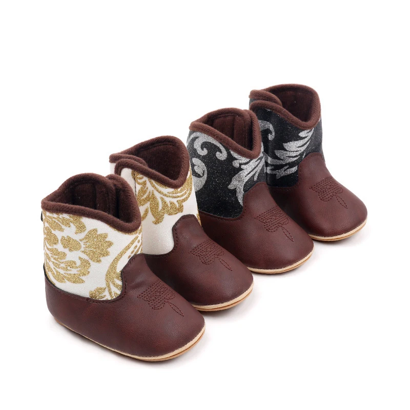 Fashion Print Baby Shoes Soft PU Newborn Western Denim Boots For Boys Girls Autumn Winter Warm Toddler Walking Shoes 0-12M