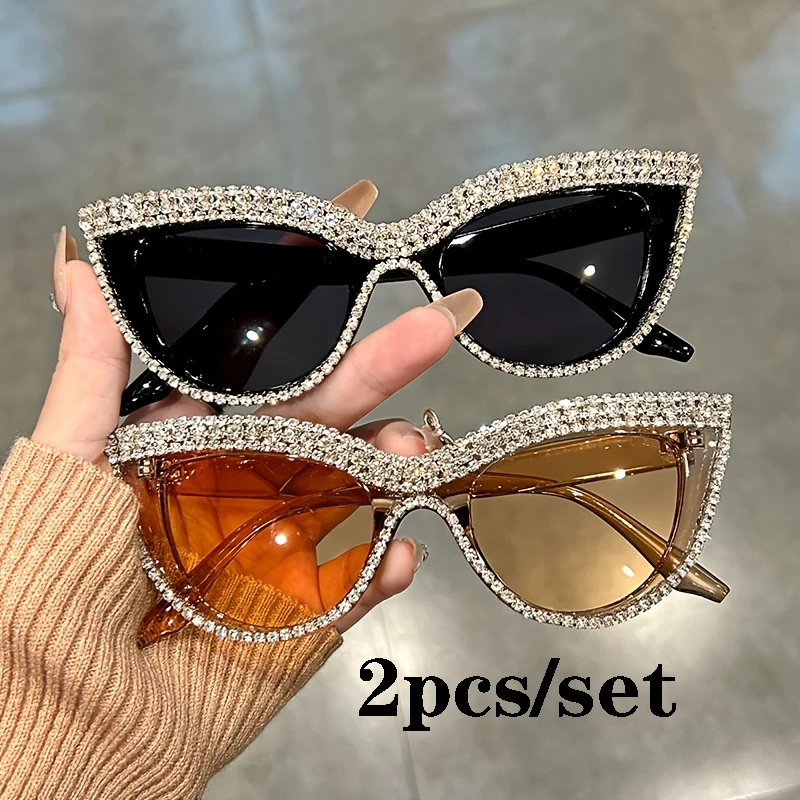 New Arrival 2pcs/set Vintage Cat Eye Sunglasses For Women Men Round Sun Glasses Female Oval Eyewear Sunglasses Male Female Eyeglasses