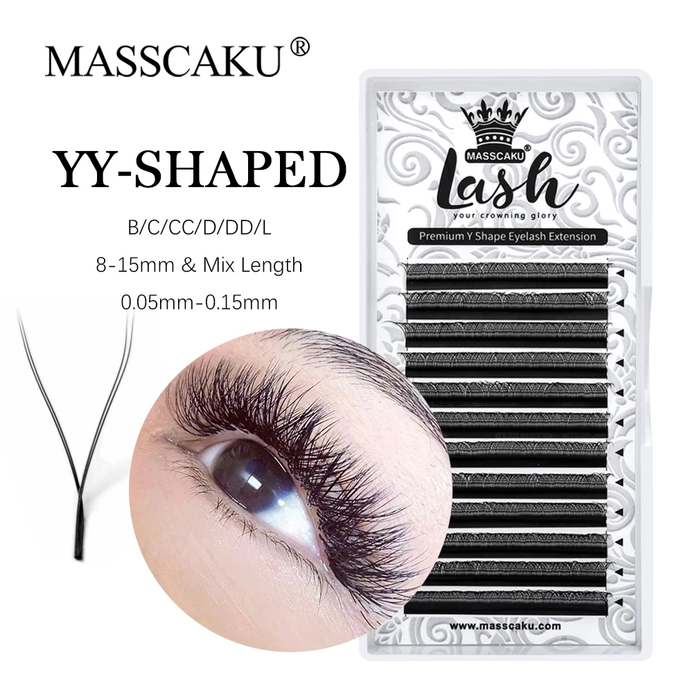 

MASSCAKU Individual Double/Triple Tips Hand Woven Lashes 0.05mm 0.07mm 8-17mm&Mixed Premium Faux Mink YY Shape Eyelash Extension