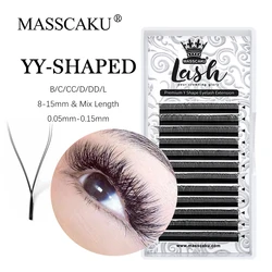 MASSCAKU Individual Double/Triple Tips Hand Woven Lashes 0.05mm 0.07mm 8-17mm&Mixed Premium Faux Mink YY Shape Eyelash Extension