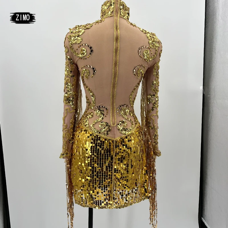 Vestido de lentejuelas transparentes de malla con flecos dorados para mujer, vestido de bailarina latina, disfraces de drag queen para escenario,