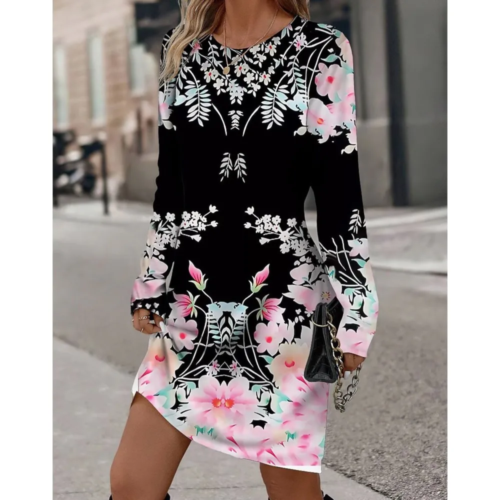 Women's Casual Dress Elegant 3D Floral Print Round Neck Long Sleeved Versatile T-shirt 2025 Spring Ladies Pullover Mini Dresses