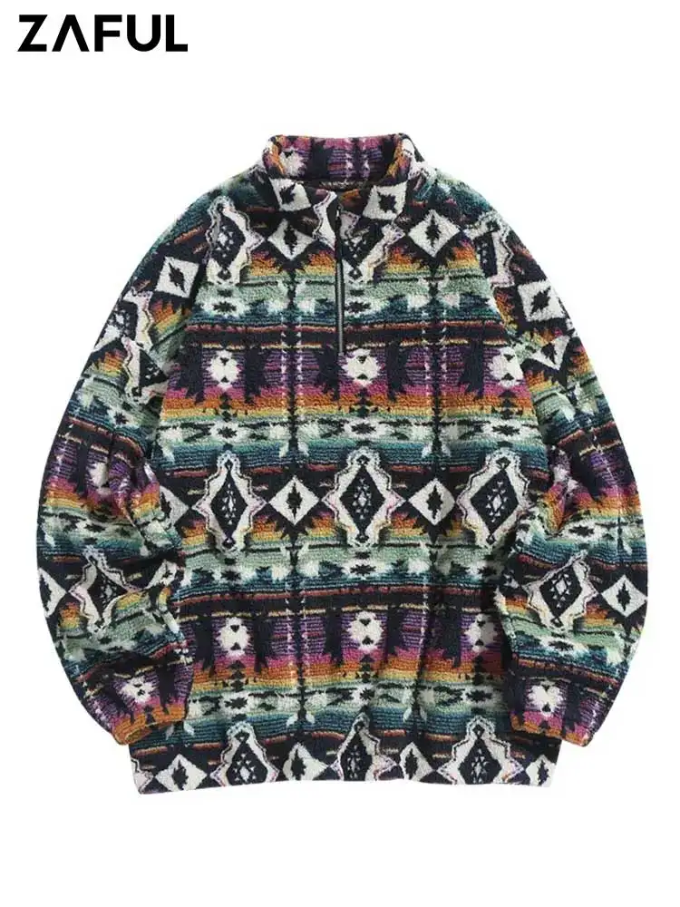 ZAFUL Turtleneck Hoodie for Men Ethnic Aztec Print Fluffy Sweatshirt Zip Up Unisex Streetwear Loose Pullover Sweats Z5045875