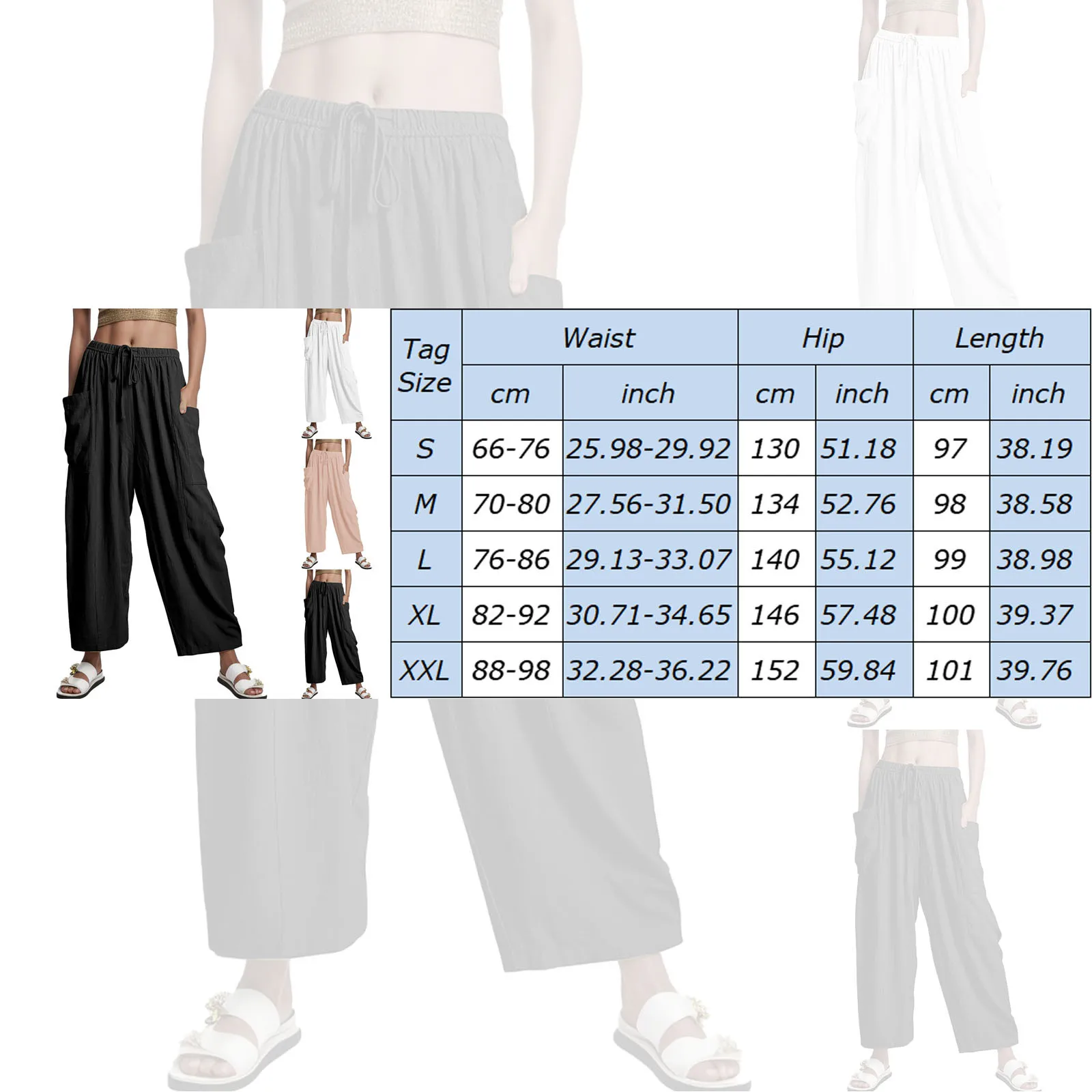 Frauen lose Baumwoll Leinen Mischhose mit Taschen 2024 Sommer hohe Taille Kordel zug Baggy Hose weites Bein gerade lange Hose