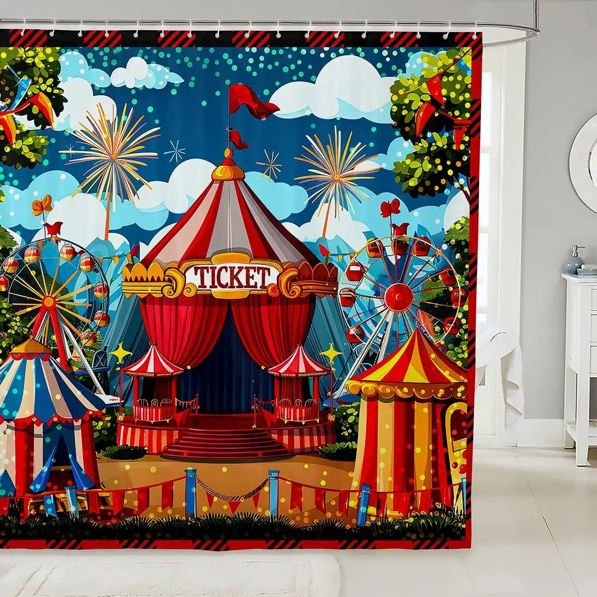 

Cartoon Circus Bathroom Curtains Happy Holiday Shower Curtain Sets for Kids Boys Girls Funny Ferris Wheel Shower Curtain Funny