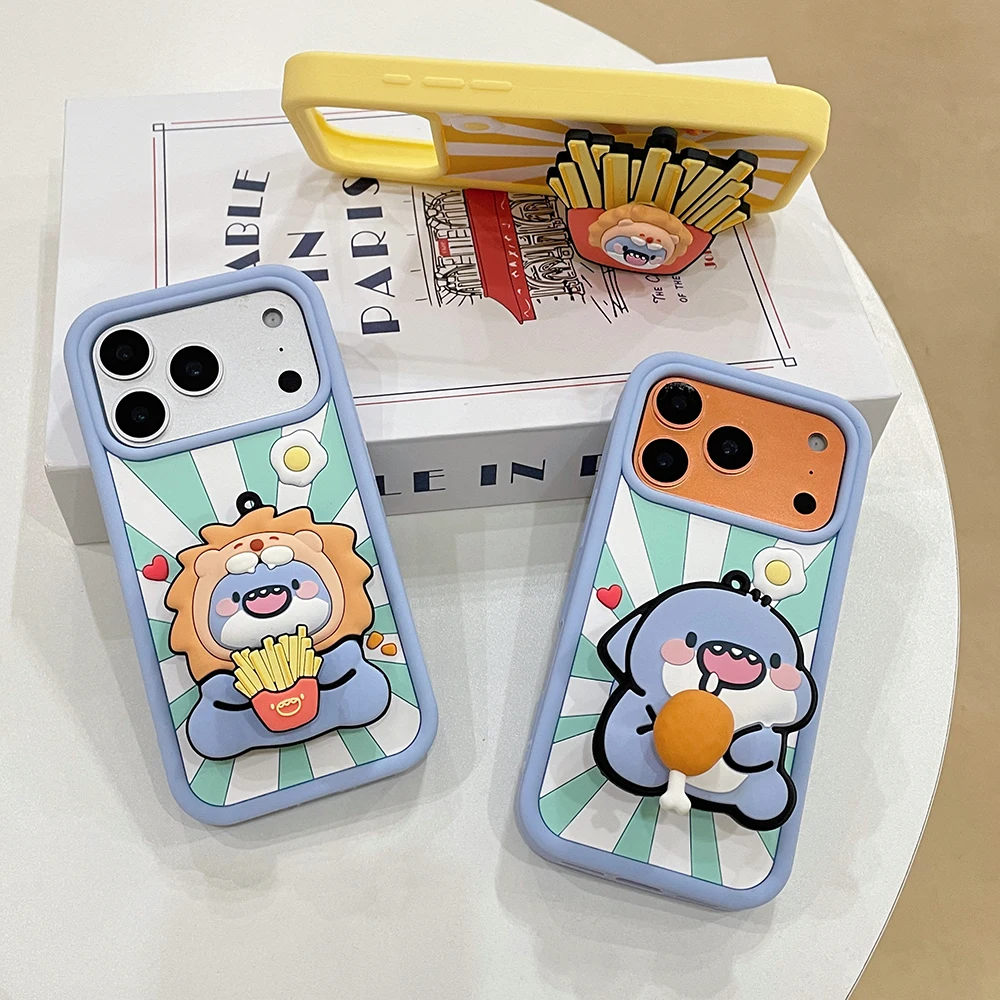 3D Cartoon Französisch Frites Shark Halterung Fall Für iPhone 17 16 Plus 16e 15 14 13 12 11 Pro max Stoßfest Weiche Silikon Halter Abdeckung – Detail 1