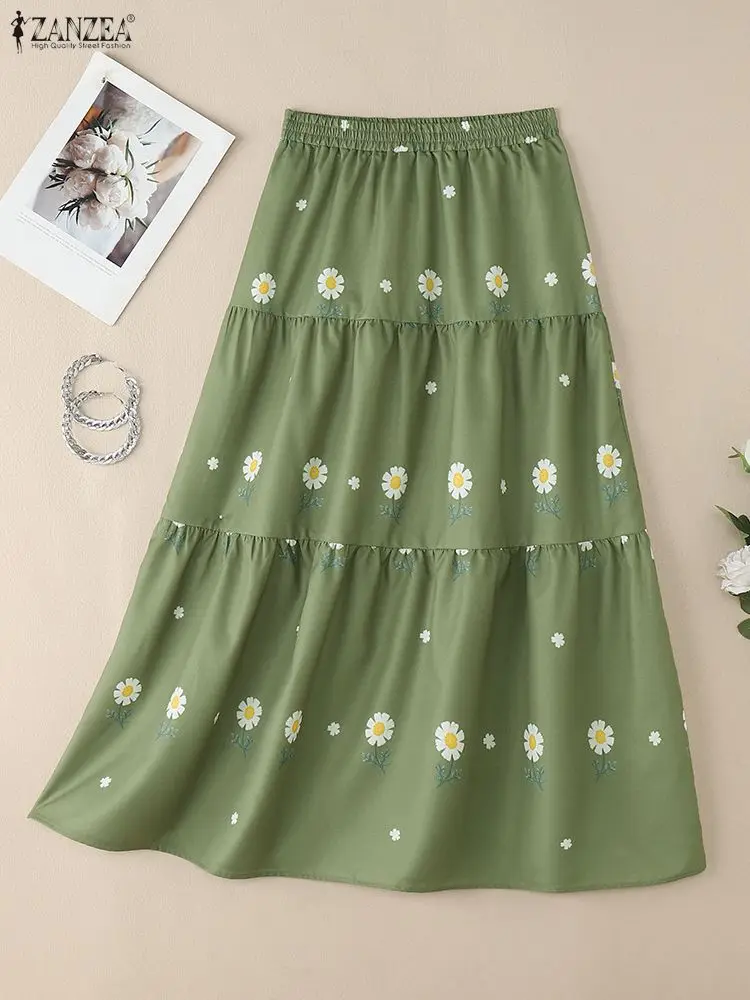 2025 ZANZEA Autumn Women Skirt Stylish Holiday Floral Printed Faldas Saia A Line Midi Robe Casual Elastic Waist Jupes Oversize
