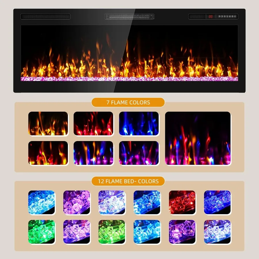 50インチ電気暖炉 壁掛け式・埋め込み式 リモコン付き リビングルームまたは寝室用 色調整可能な炎効果