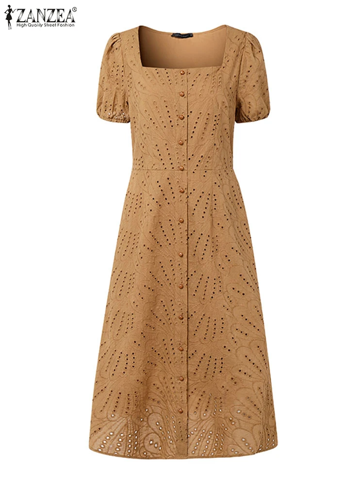 فستان نسائي أنيق بأشرطة خصر من ZANZEA فستان صيفي طويل بأكمام قصيرة من الدانتيل فستان صيفي غير رسمي بياقة مربعة رداء للحفلات الصلبة