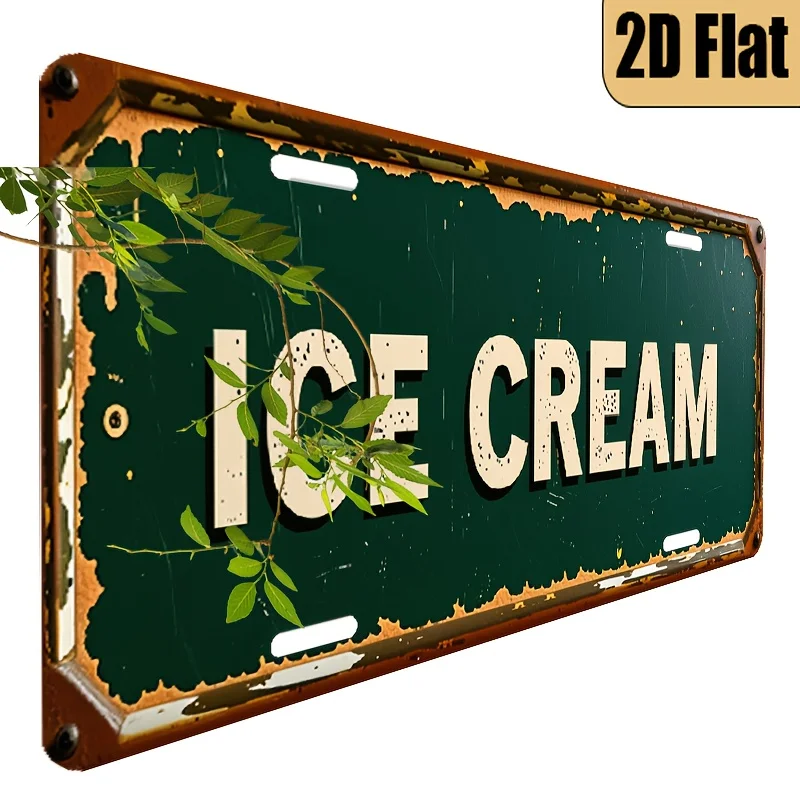 1pc Vintage Ice Cream License Plate - Retro Garage Decor with Mint Green & Golden Accents - Large 6x12 Inch (15x30cm) Aluminum M