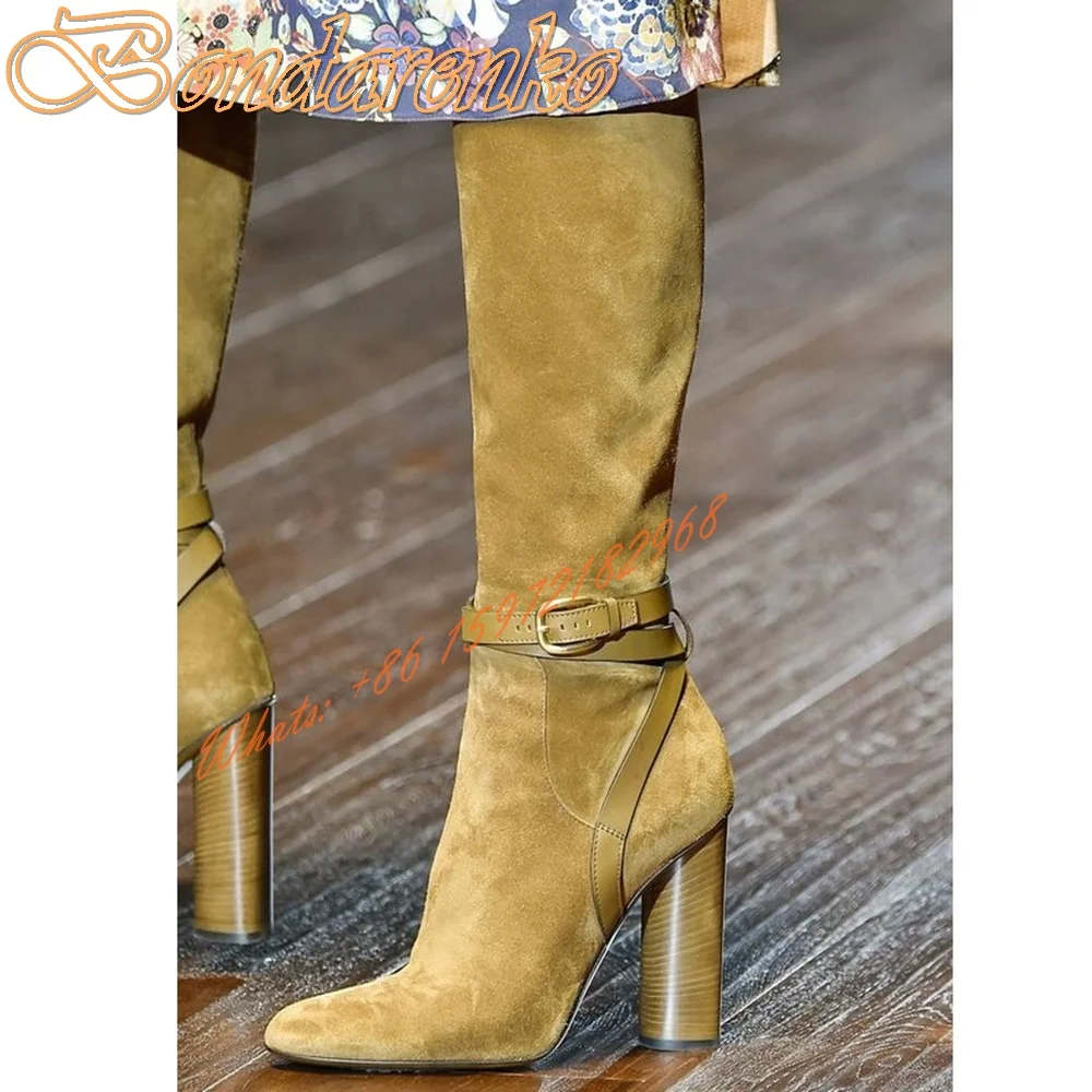 

Suede Straps Pointy Toe Boots Buckles Chunky High Heels Solid Knee High Boots Side Zipper Winter New Style Women Designer Shoes