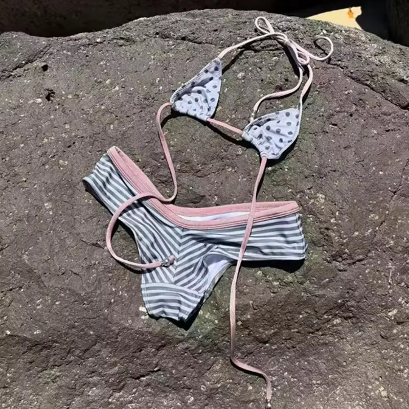 Women Mixed Print Bikini Set Polka Dot Thin Strap Top Striped High Cut Bottom Contrast Trim Brazil Beach Bathing Suit Swimwear