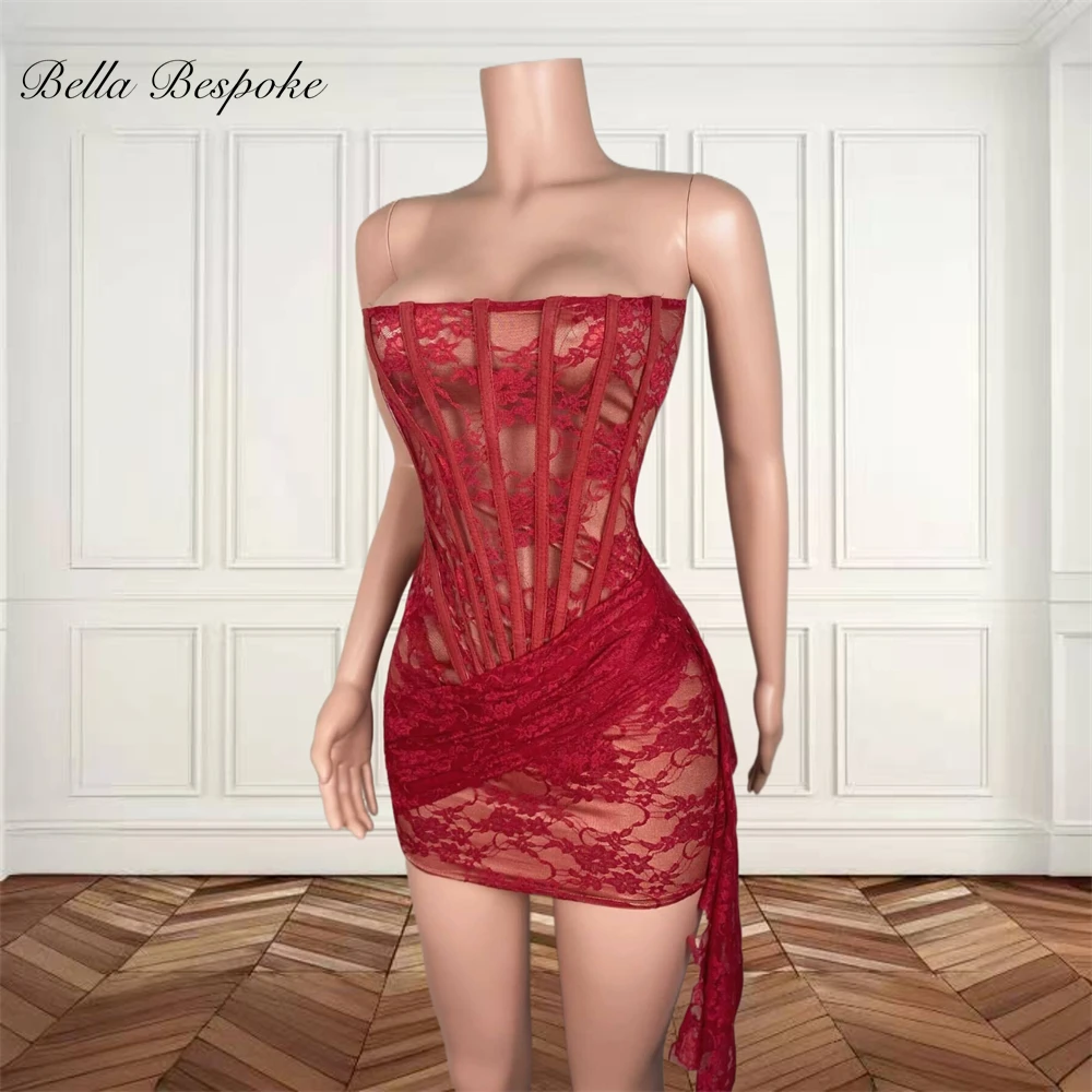 

Red Strapless Short Prom Dresses For Black Girls Appliques 2024 Birthday Luxury Dress Graduation Gown With Side Train Customized