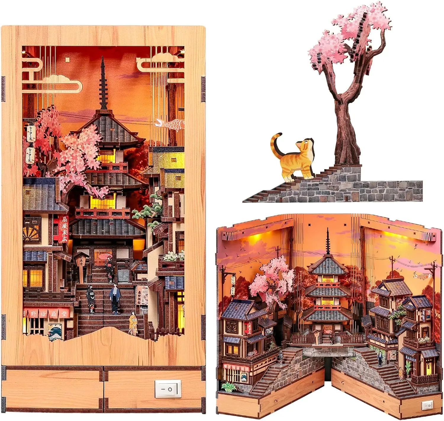 Japanese Book Nook Kit Miniature House, Twilight Sakura Path | 3D Wooden Puzzles for Adults Booknook Japan Bookshelf Diorama Cre
