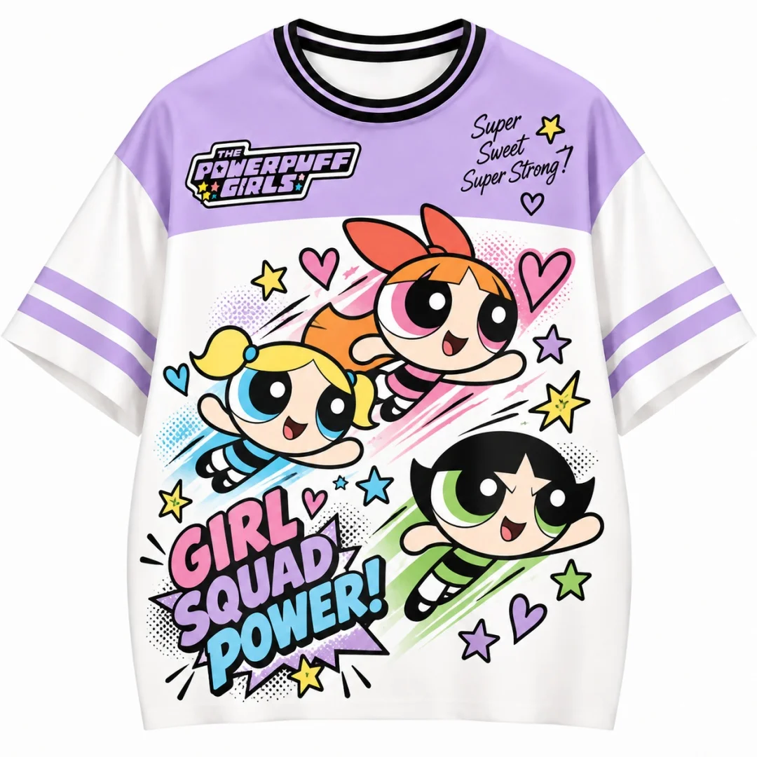 Powerpuff Girls Cartoon T-shirt Unisex 3D Print Color Block Stripe Cuff Short Sleeve Tee Retro Anime Casual Tops Kids Tshirt ﻿