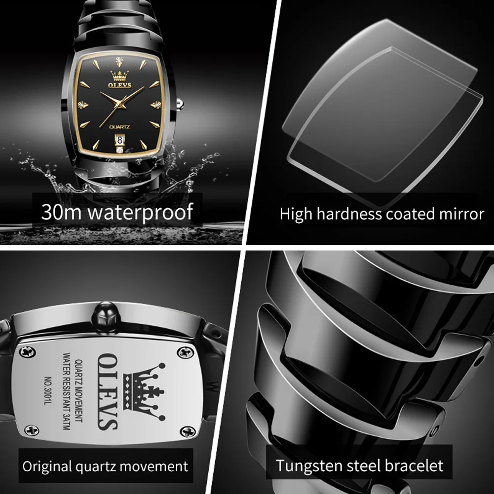 OLEVS 7006 Tungsten Steel Men's Watches Luxury Brand Original Quartz Wristwatches Auto Date Waterproof Tonneau Dial Man Watch