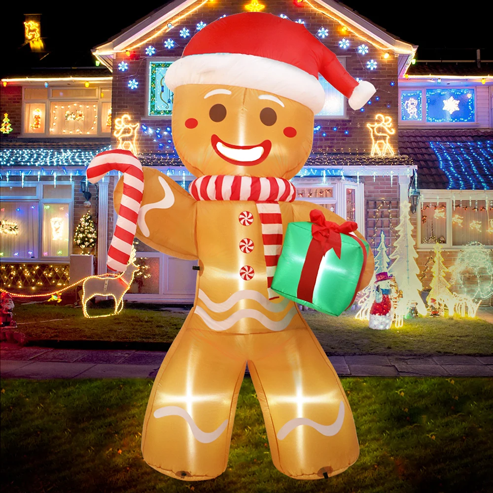 8FT Christmas Inflatable 2.4M Gingerbread Man Inflatable Toy with Gift Box LED Light-Up Outdoor Garden Decor Ornament