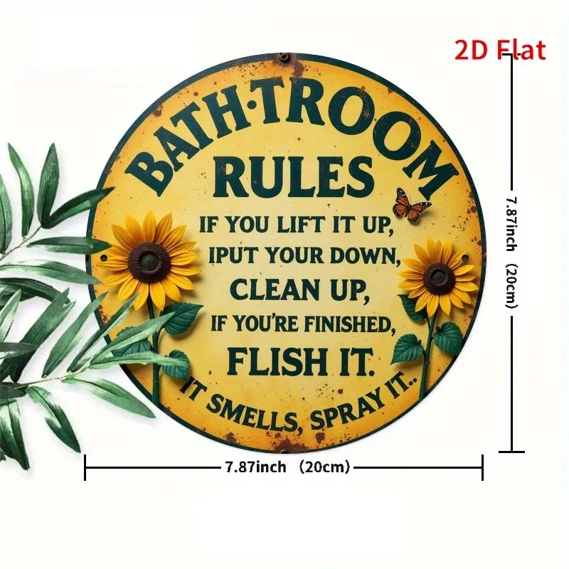 Tin Metal Sign Bathroom Rules Sunflower Butterfly Round Wall Art 8x8
