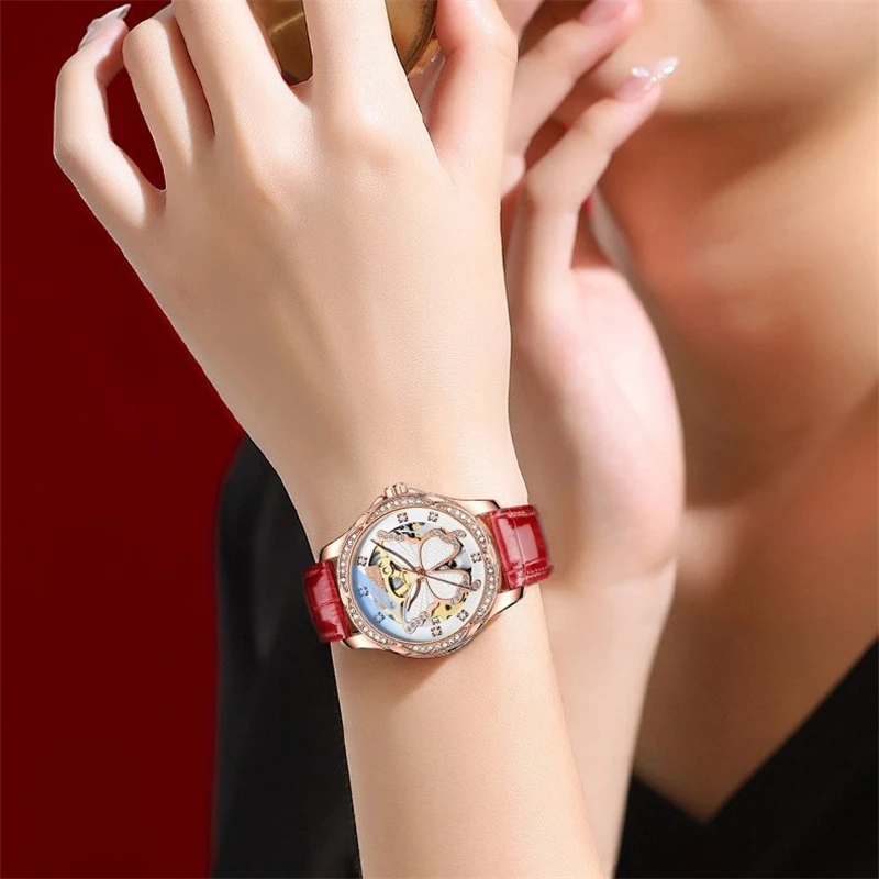 Women's Luxurious Butterfly Dial Automatic Mechanical Watch, Diamond-Encrusted
