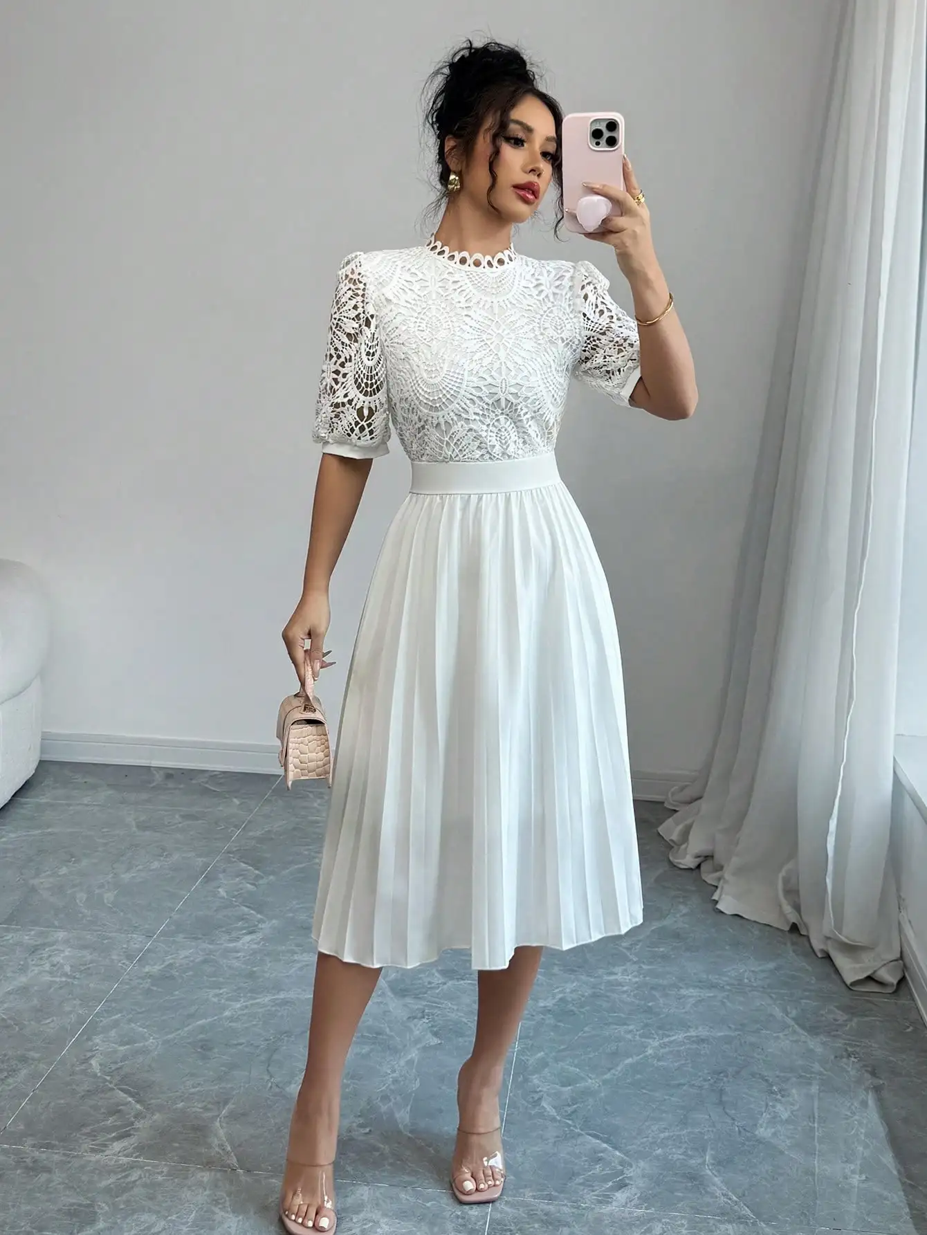 

White Lace Top Pleated Midi Dress with Bubble Sleeves and Fitted Waist
