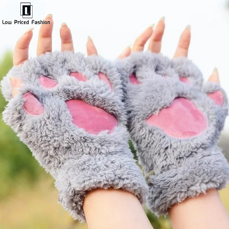 Cute Fluffy Cat Paw Fingerless Gloves Winter Warm Plush Mittens Women Cartoon Claw Soft Thermal Half Finger Gloves Girls Gifts