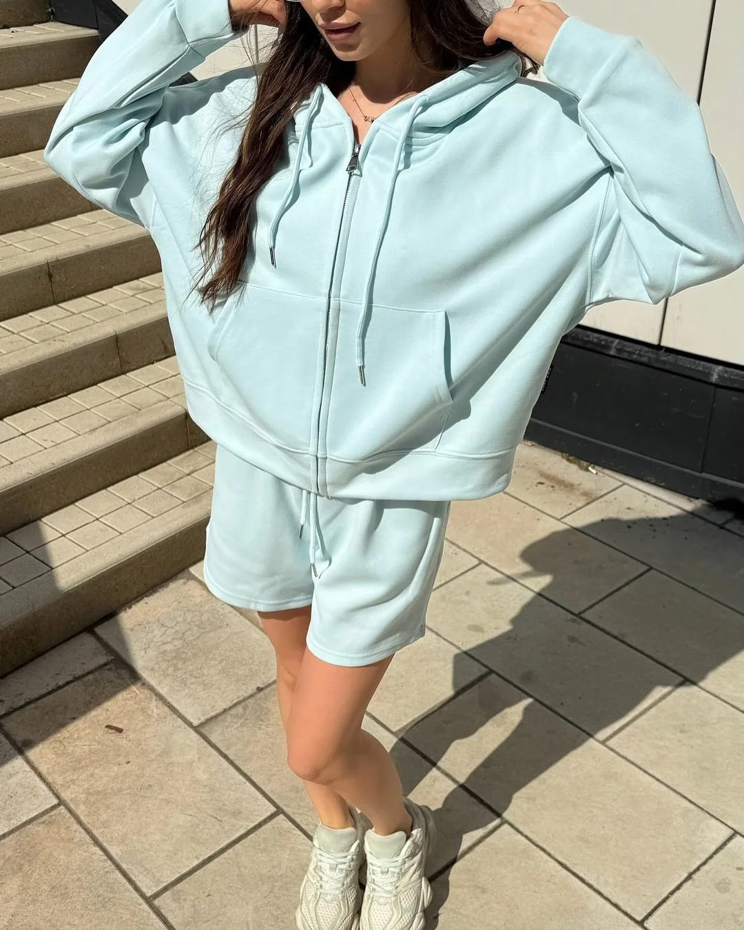 

Fashion Zipper Hooded sweatshirt +Shorts Two-piece Sets Women Solid Color Summer Jogger Shirt Lace-up Shorts Sets For Women 2025