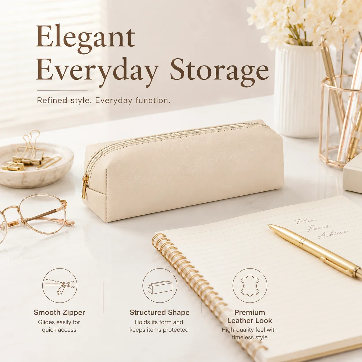 Genuine Leather Pencil Case, 3D Hard Shell Pen Bag with Zipper Closure, Large Capacity for Office School