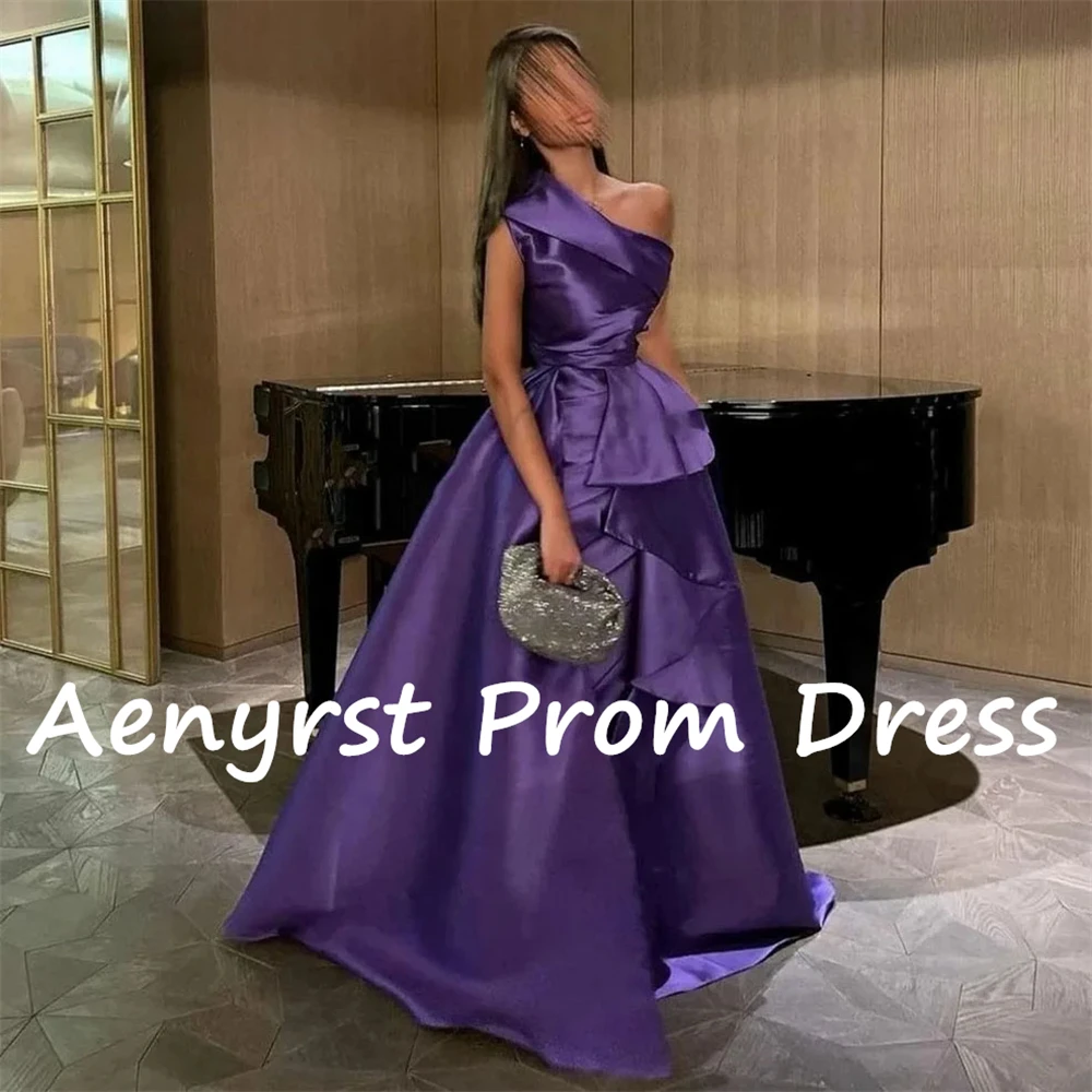 Aenyrst Grape Purple One Shoulder Prom Dresses Mermaid Satin Pleated Cocktail Gowns Sweep Train Party Dress Long فساتين السهرة