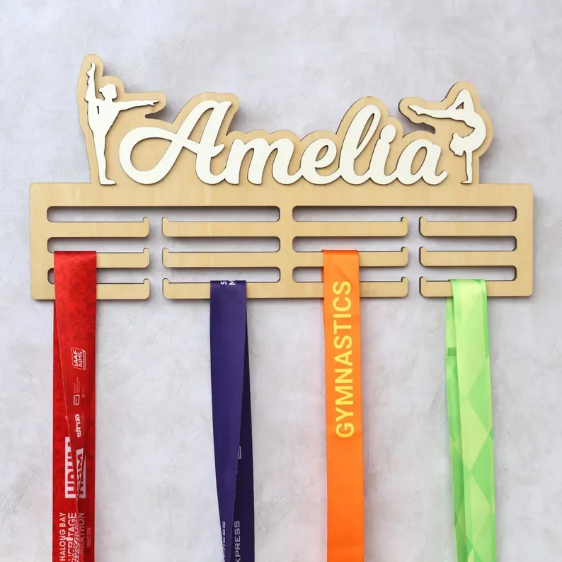 1pc Personalized Gymnastics Medal Holder: Custom Name Wooden Display,room decor,wall decor,bedroom decor,cheap room decor