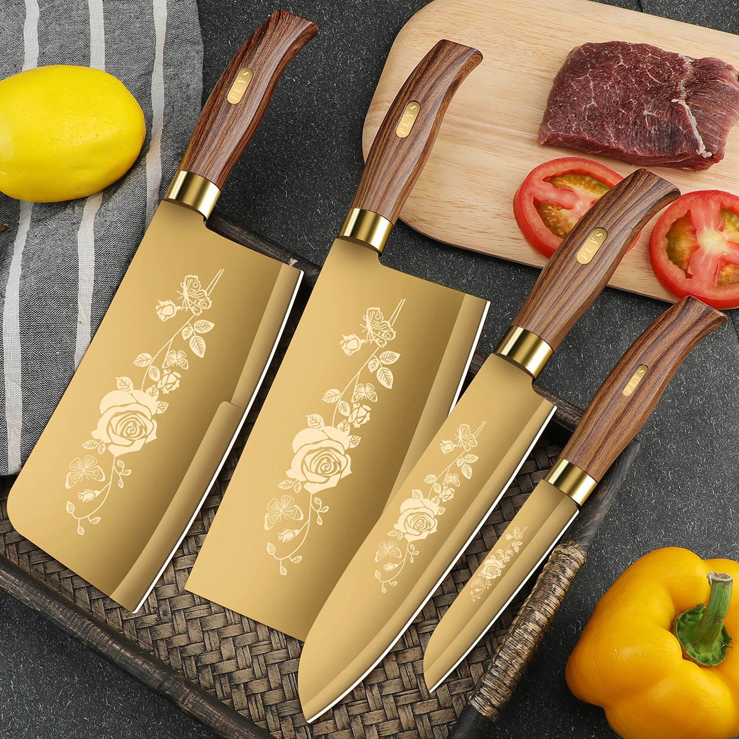 2024 upgraded luxury gold kitchen knife, titanium plated stainless steel blade and cut fruits and vegetables, cut small bones