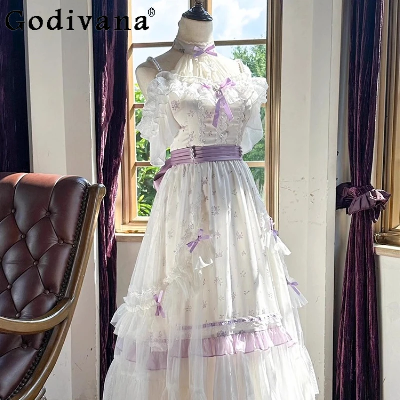 

Waist Cinching Long Dress for Women Japanese Style Retro Sweet Lolita Long Dress Female Princess Back Bow Large Hem Dress