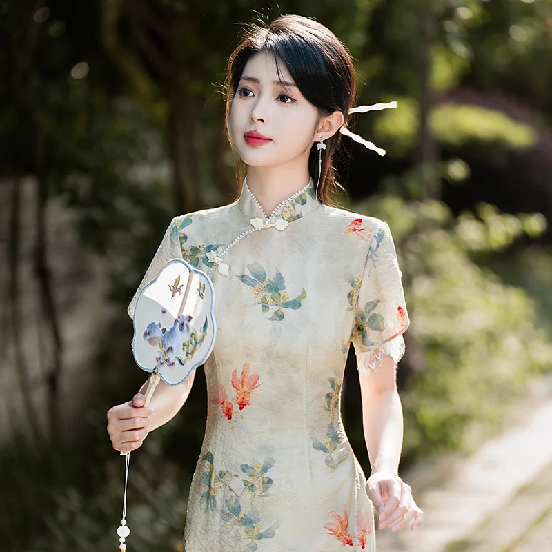 Yourqipao Summer Ramie Cheongsam Young Fairy Skirt Double-layer Gentle Photograph Qipao Chinese Style Evening Dress for Women