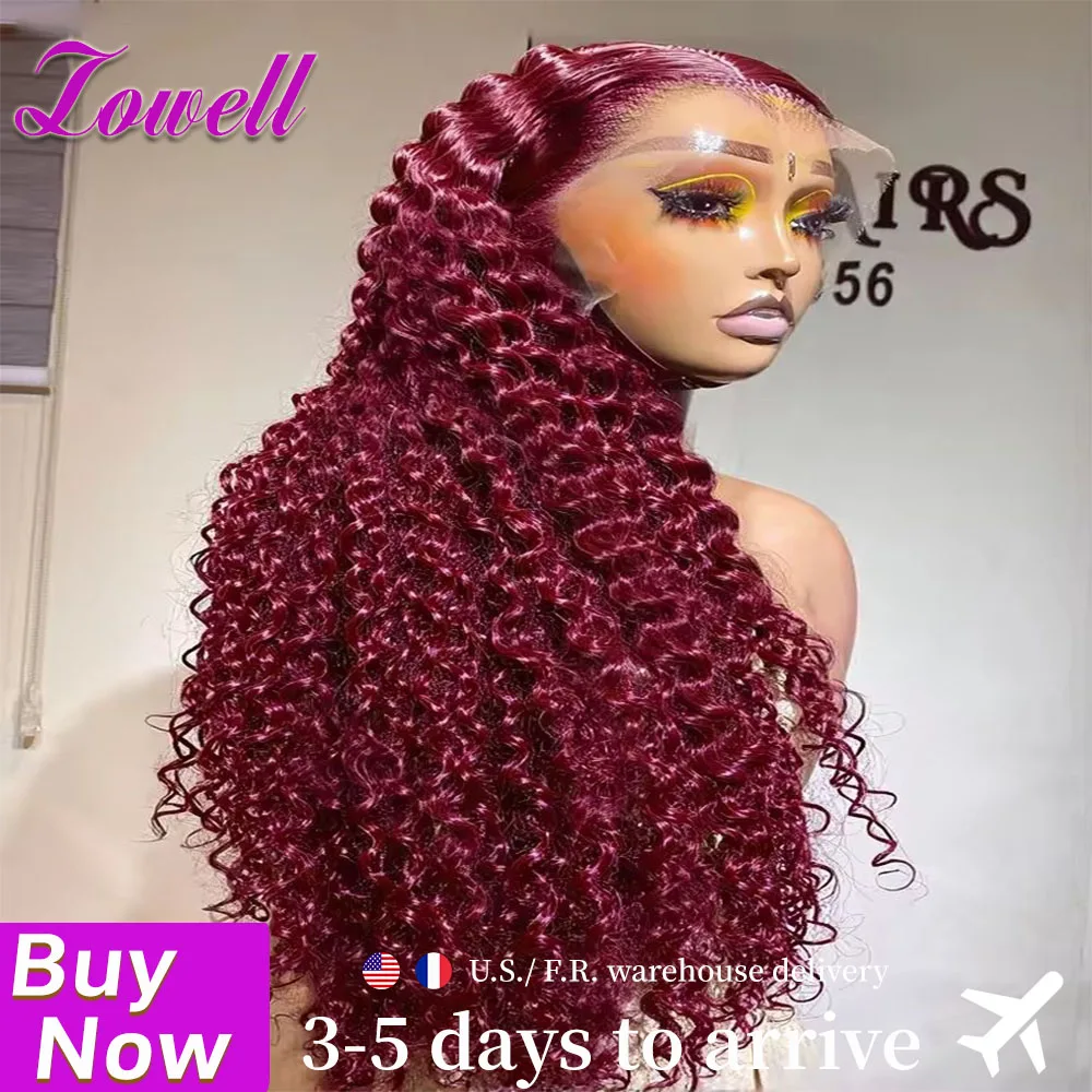 

Парик из натуральных волос Water Wave, бордовый, с HD-лоскутным фронталом 13x4, 13x6, глубокая волна, плотность 200, с предварительно выкнутыми волосками Baby Hair, цвет 99J, кудрявые парики