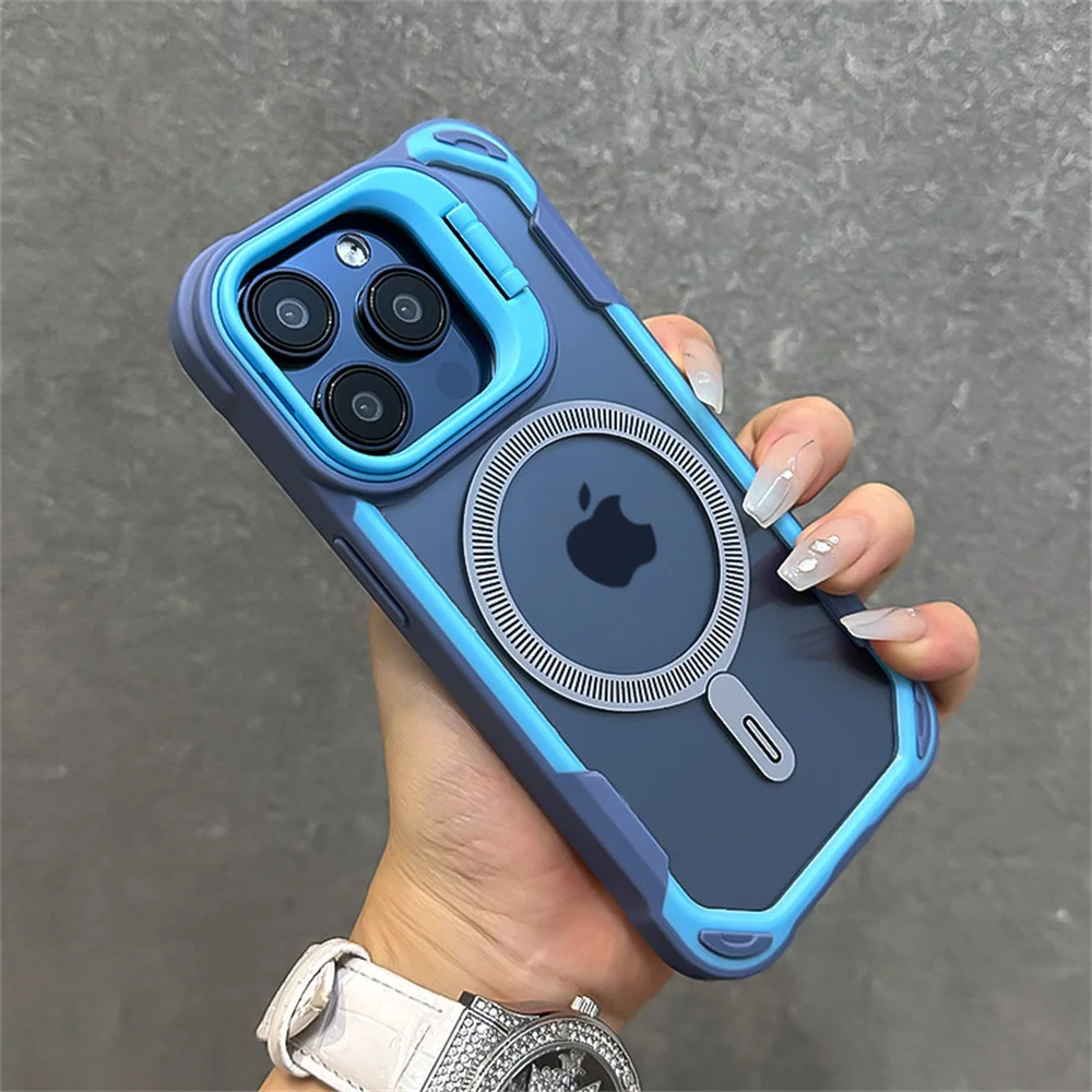 Luxury Contrast Color Armour Magnetic Phone Case For iPhone 16 15 14 13 12 Pro Max 11 Folding Lens Holder For Magsafe Back Cover