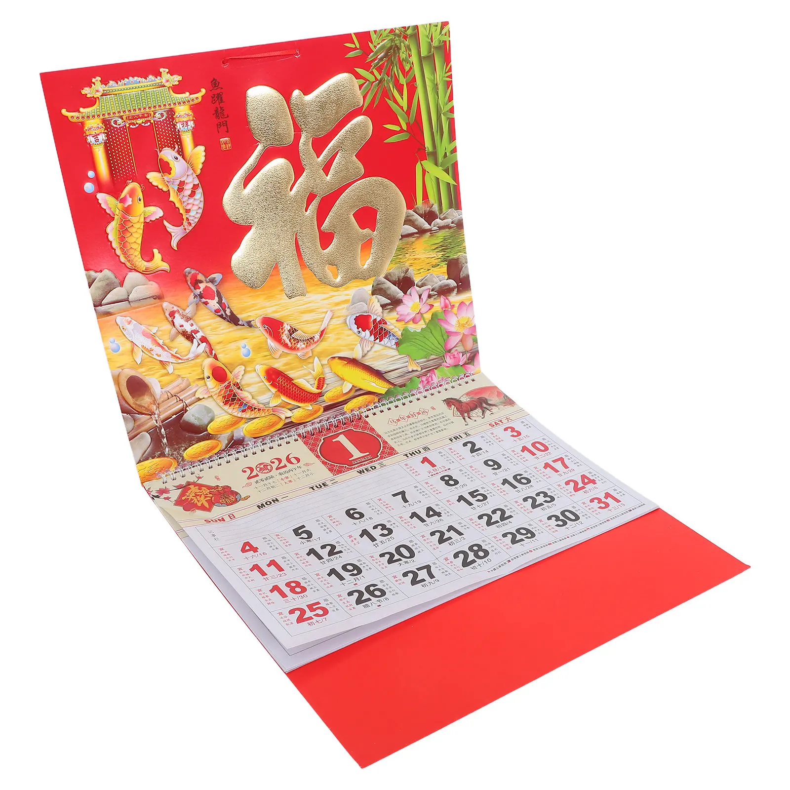 

Year of Horse 2026 Lunar Calendar 26.72x14.34in Gold Foil Fu Character Chinese Wall Hanging Calendar Home Office Organizer