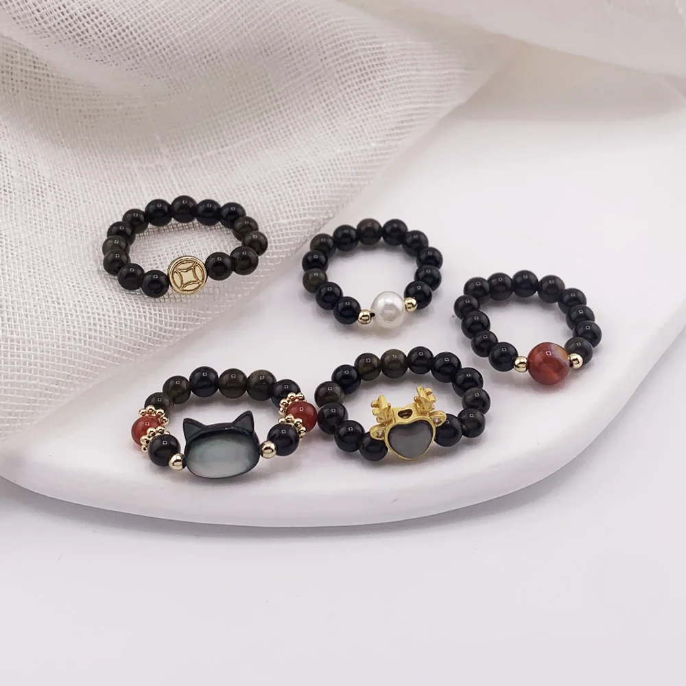 Vintage Natural Black Obsidian Stone Rings for Women Men Red Agates Black Shell Cat Charm Strand Elastic Finger Rings Healing - view 2