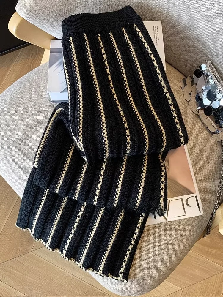 

Ladies Knitted Wide Leg Pants Bla Gold Stripe Straight Casual Loose Fit High Waist Trousers Vintage Sle Autumn Winter New...