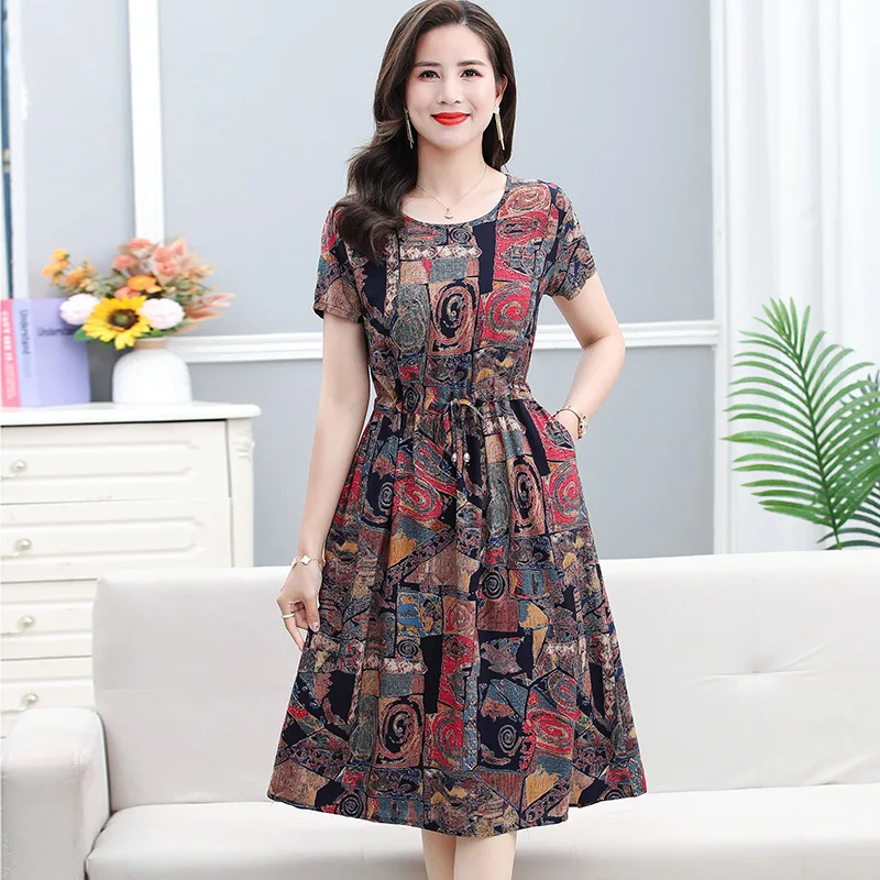XL-6XL Middle Aged Elderly Women's Cotton Rayon Sleepwear Dress Mother's Short Sleeved Summer Night Dress Plus Size Nightgowns