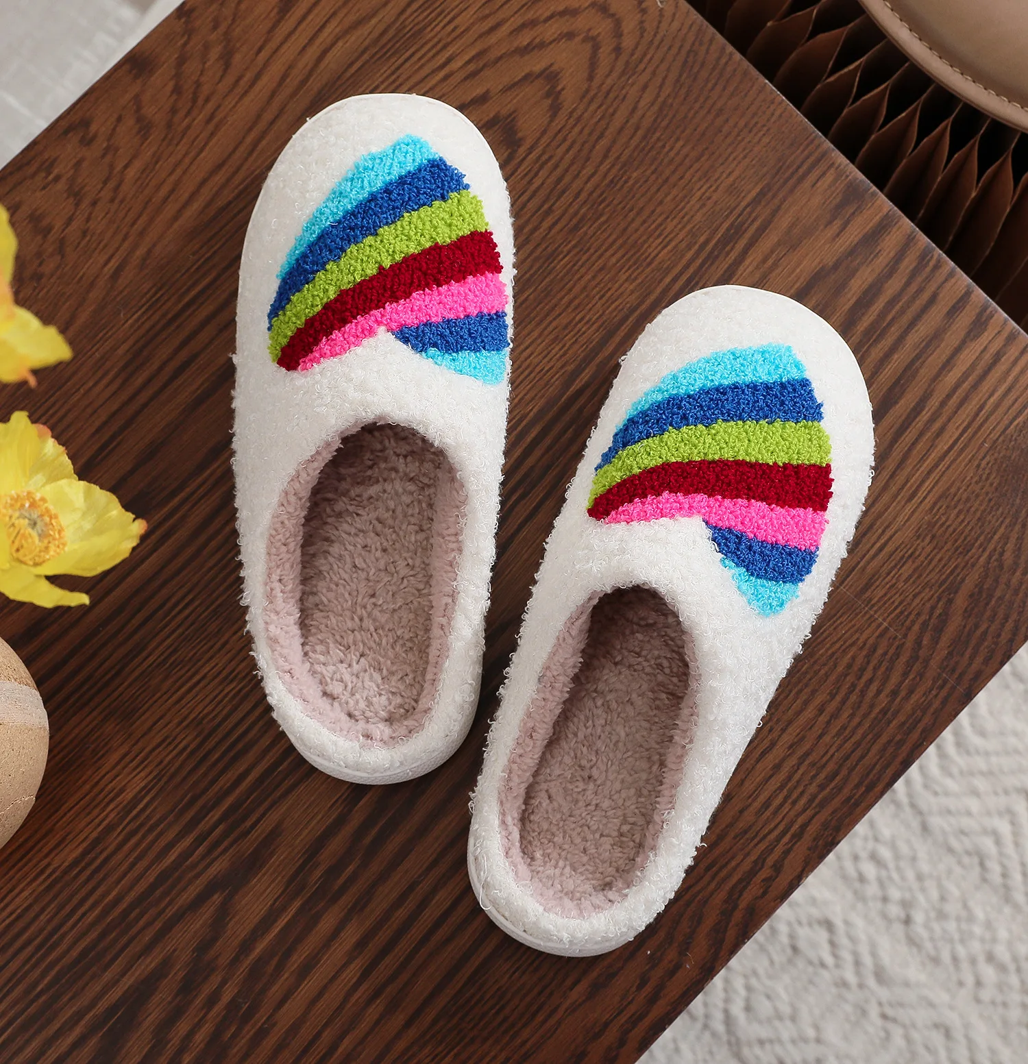 Cute Rainbow Love Slippers Funny Heart Colorful Flat Plush Warm Slippers Indoor House Shoes for Women Men Soft Halloween Gifts