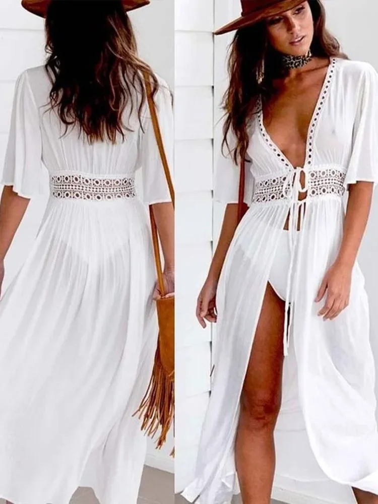 Bwq feminino rendas retalhos rendas longo xale cardigan cor sólida biquíni feminino novo natação banho 2024 verão beachwear