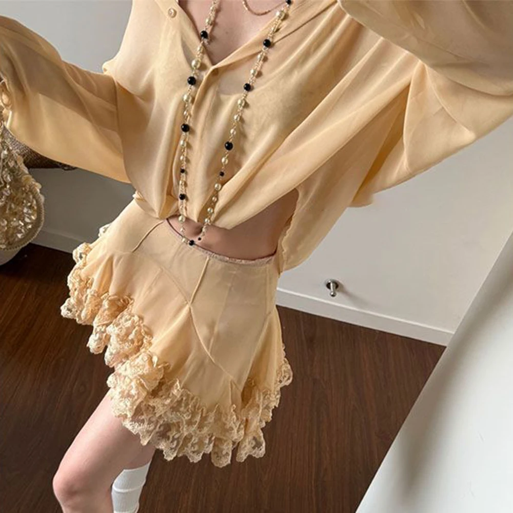 

Korean sweet wind niche romantic elegant shirt women's summer new pure desire double-layer display skirt set