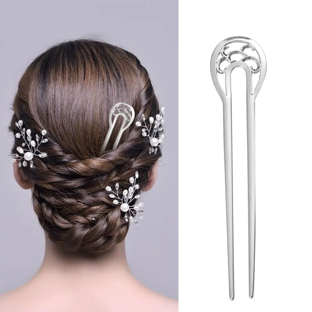 Retro Style Hair Accessories Hair Care Alloy U-shaped hairpin Hairpin  Double wavy flower Metal Hair Stick