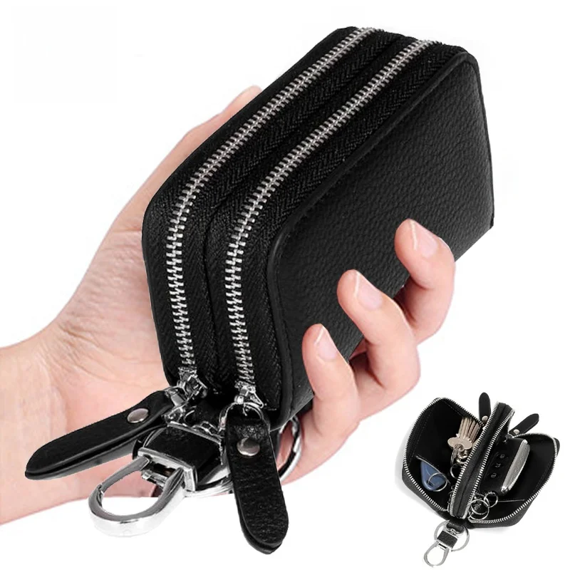large-capacity-leather-key-pouch-car-key-universal-simple-home-storage-waist-hanging-double-layer-zipper-multi-function-key-h