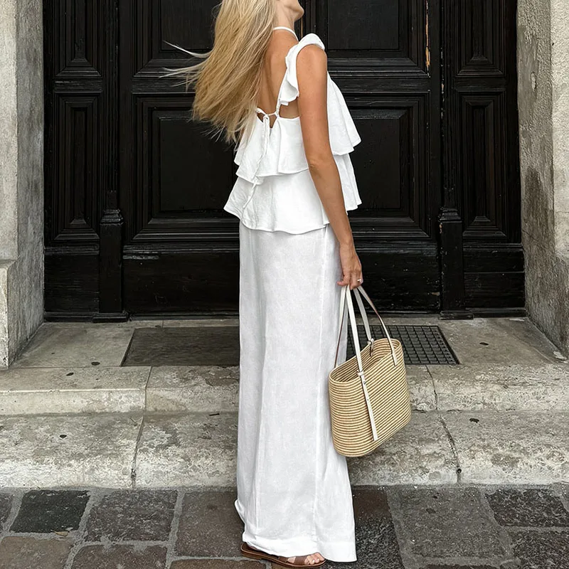 

Fashion Backless Lace Up Top+Pants 2pc Set Casual Office Sleeveless Loose Suit Spring Summer Sexy Solid V-neck High Waist Outfit