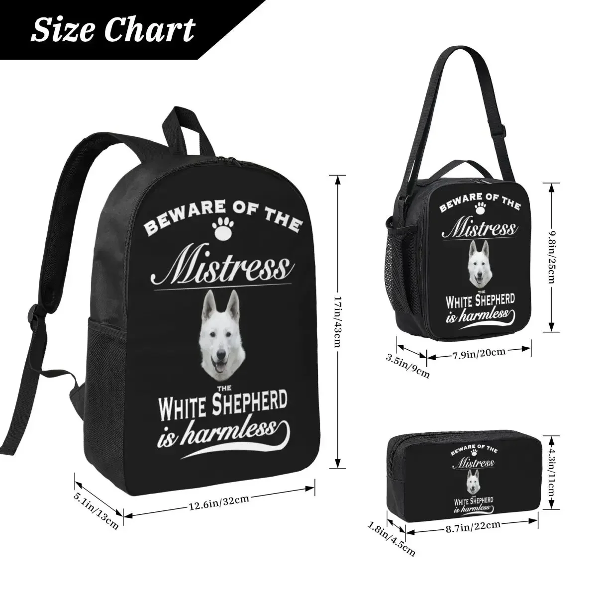 White German Shepherd Dog Backpack Student BookBag School Bag Laptop Shoulder Bags 3ps Insulated Lunch Bag Pencil Case